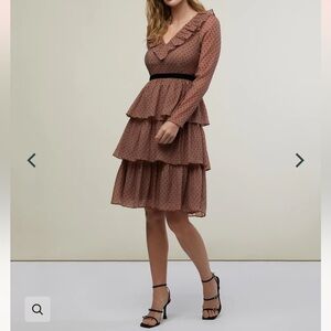 RACHEL PARCELL Nude Brown & Black Ruffle Tiered Polka Dot Midi Dress - Reemoly
